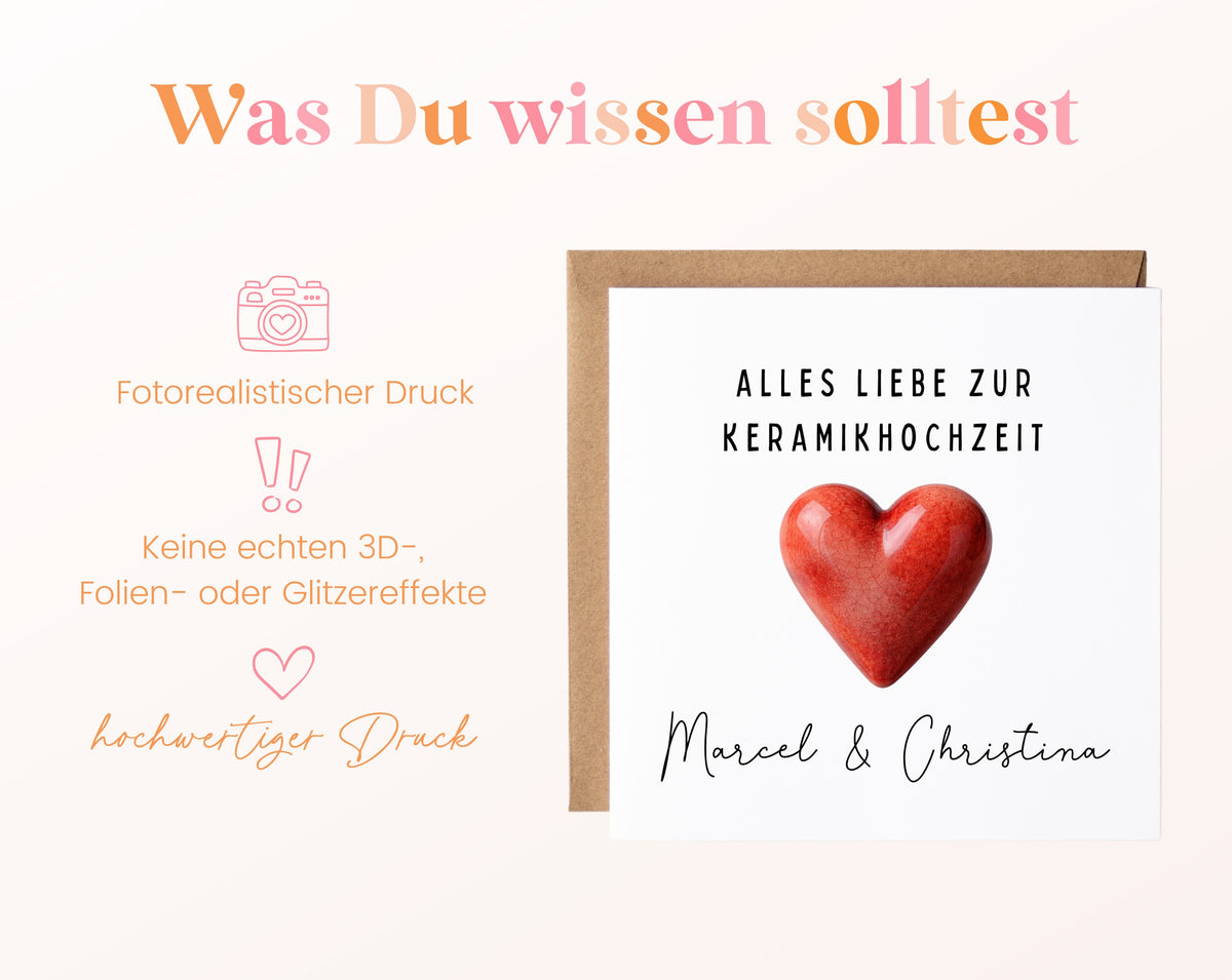 Keramikherz-Karte zur Keramikhochzeit – Druckhinweise