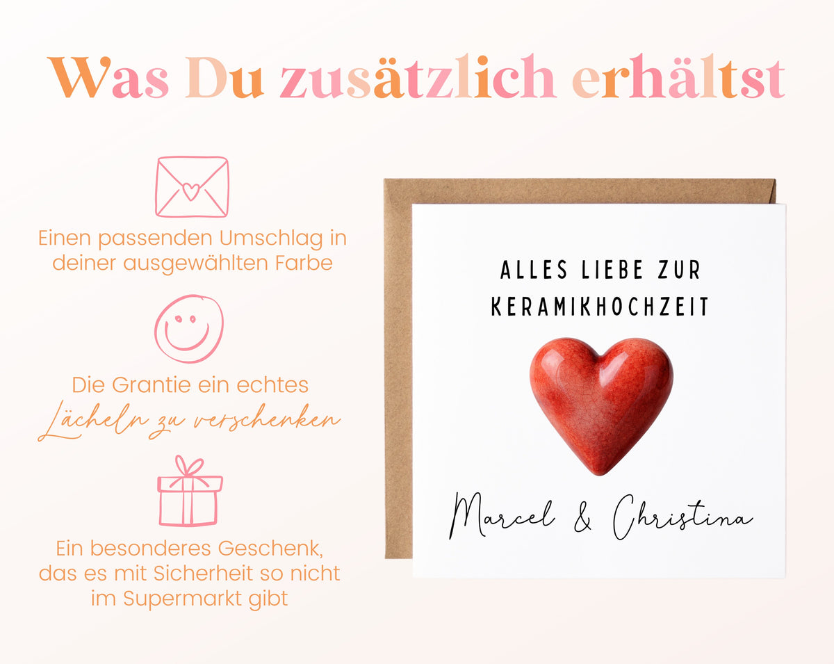 Keramikherz-Karte zur Keramikhochzeit – Lieferumfang
