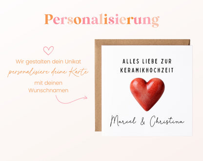 Keramikherz-Karte zur Keramikhochzeit – Personalisierung mit Beispielnamen