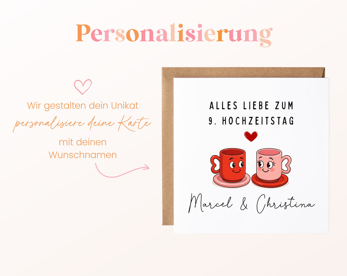 Tassenpaar-Karte zur Keramikhochzeit – Personalisierung mit Beispielnamen