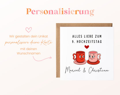 Tassenpaar-Karte zur Keramikhochzeit – Personalisierung mit Beispielnamen