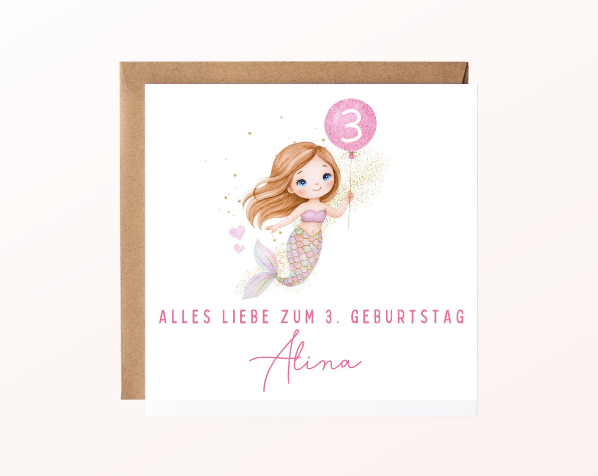 Meerjungfrau mit rosa Ballon – Karte mit Umschlag