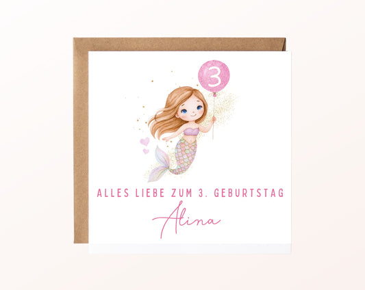 Meerjungfrau mit rosa Ballon – Karte mit Umschlag