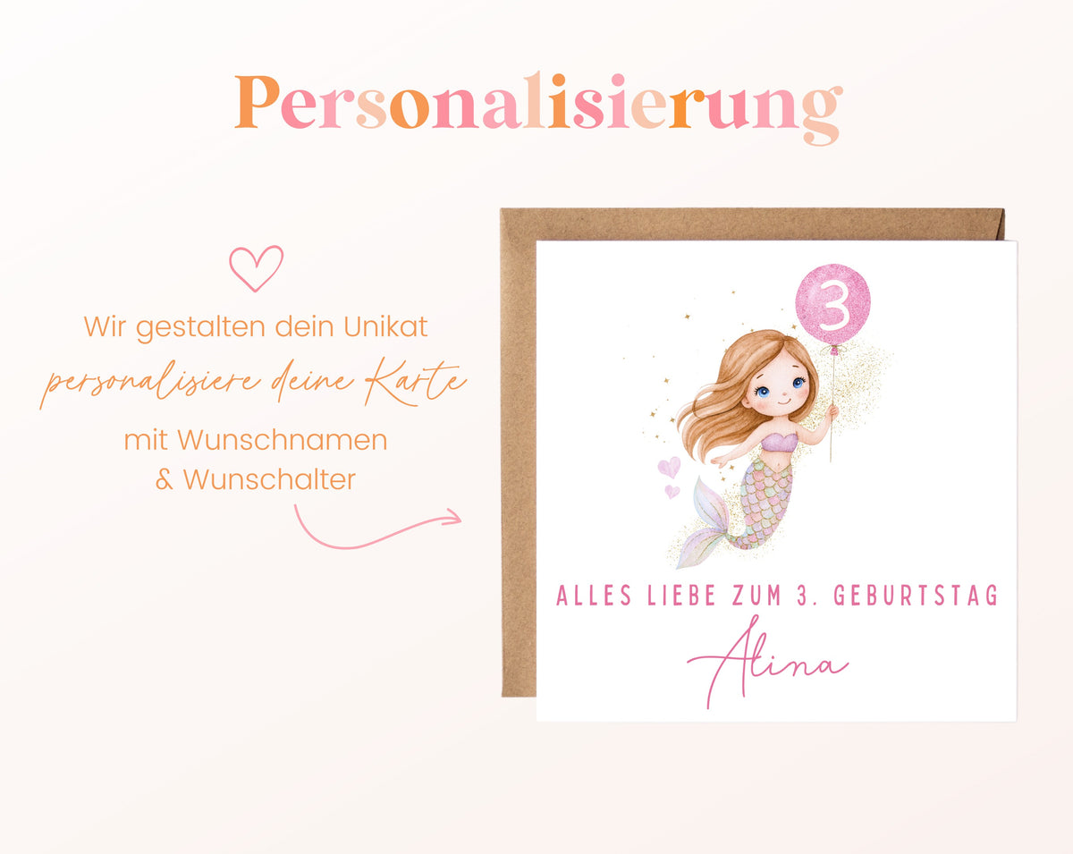 Meerjungfrau mit rosa Ballon – Personalisierung mit Namen und Alter