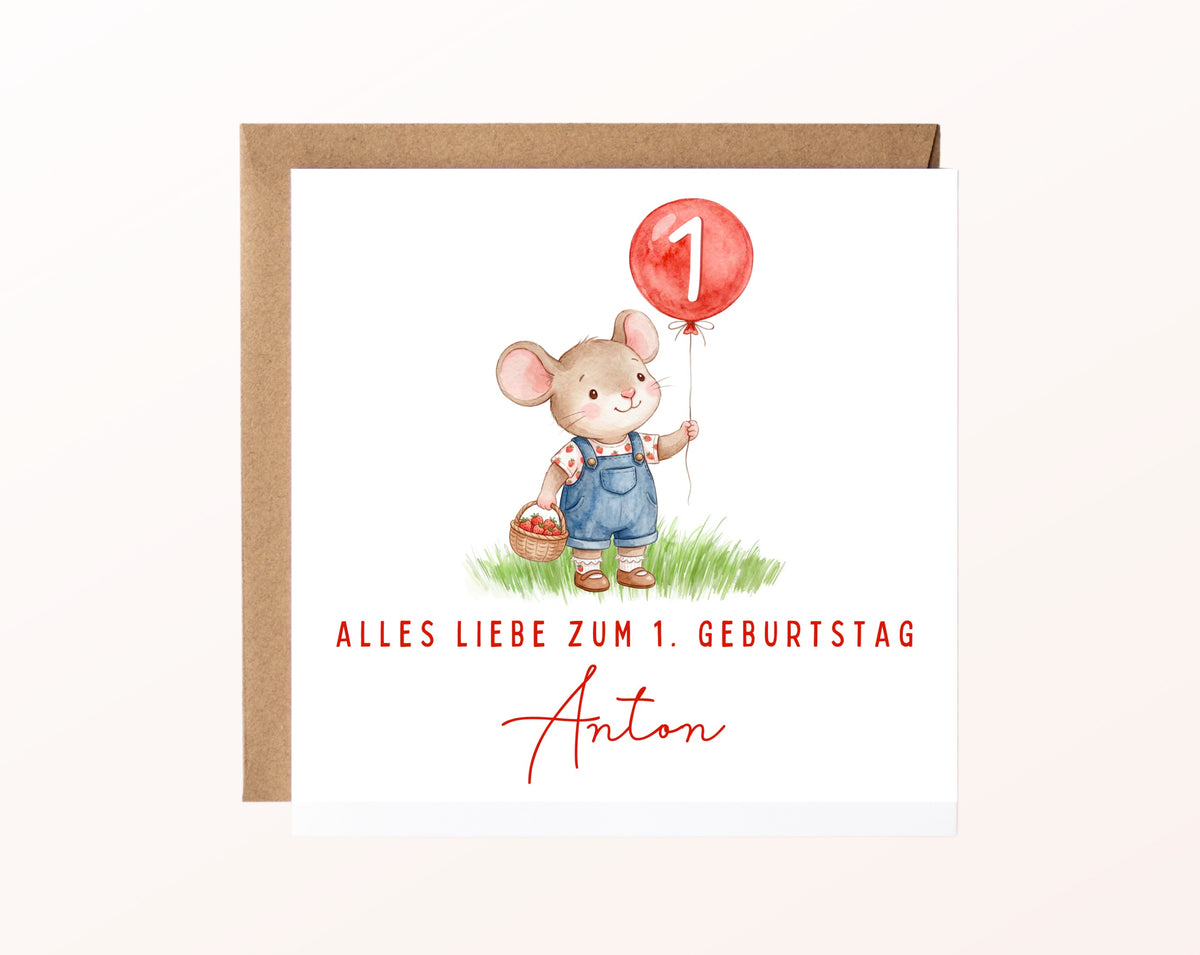 Erdbeermaus mit rotem Ballon – Karte mit Umschlag