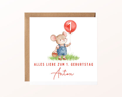 Erdbeermaus mit rotem Ballon – Karte mit Umschlag