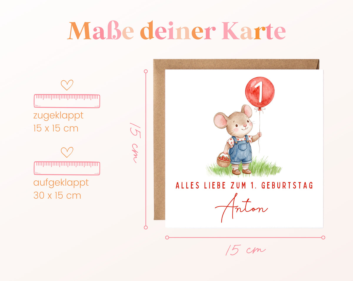 Erdbeermaus mit rotem Ballon – Kartenformat 15 × 15 cm