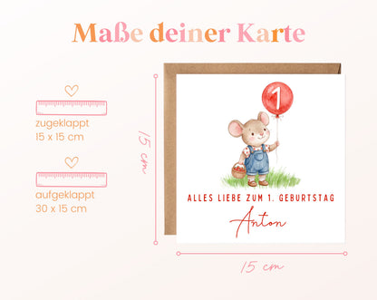 Erdbeermaus mit rotem Ballon – Kartenformat 15 × 15 cm