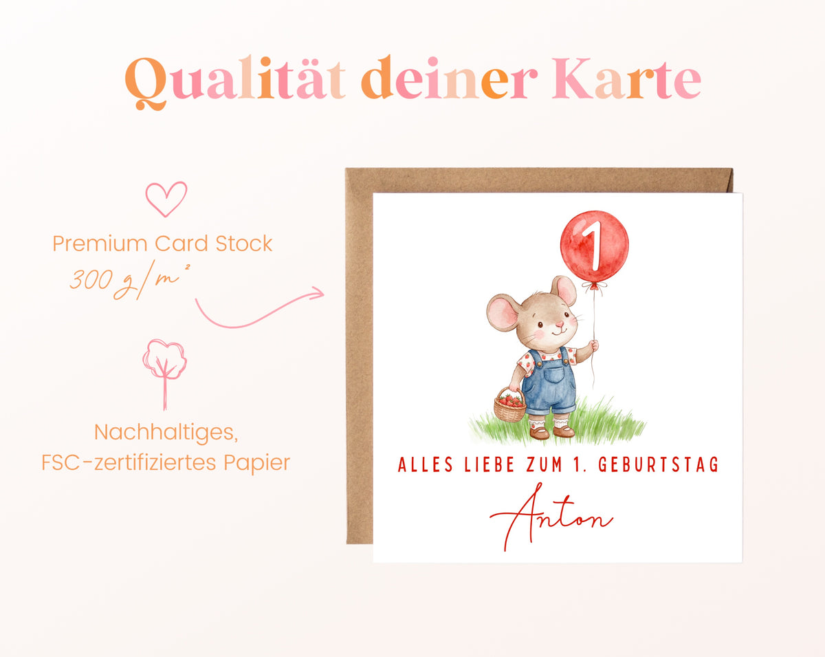 Erdbeermaus mit rotem Ballon – Kartenpapier 300 g/m²
