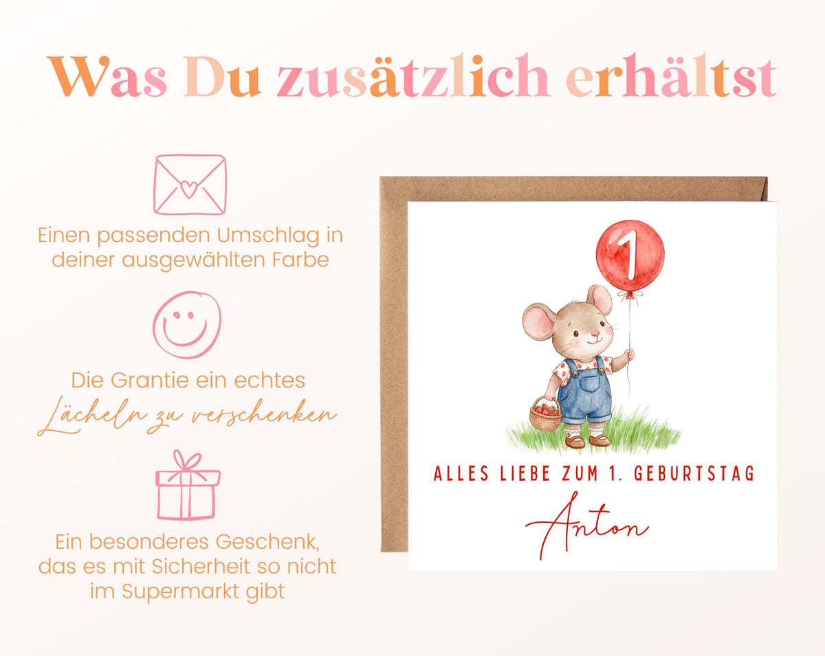 Erdbeermaus mit rotem Ballon – Details zur Klappkarte