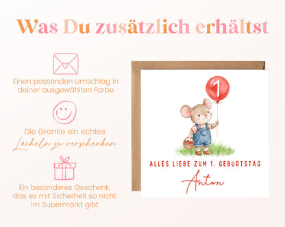 Erdbeermaus mit rotem Ballon – Details zur Klappkarte