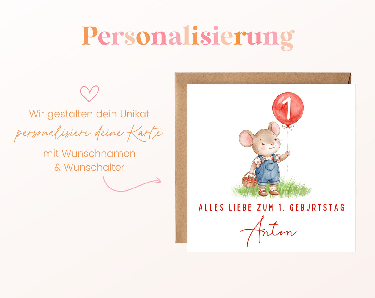 Erdbeermaus mit rotem Ballon – Personalisierung mit Namen und Alter