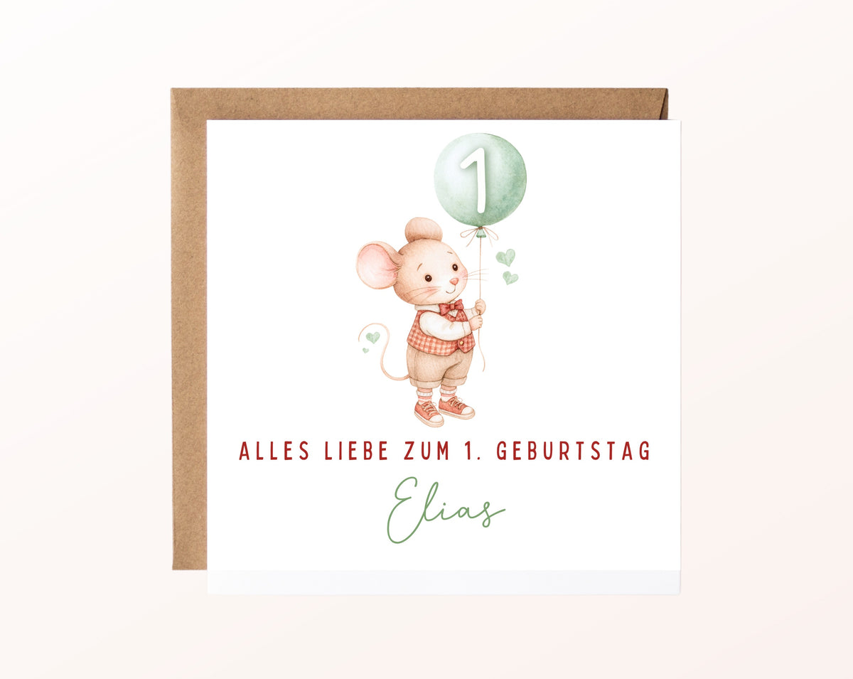Pastellmaus mit grünem Ballon – Karte mit Umschlag