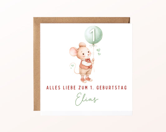 Pastellmaus mit grünem Ballon – Karte mit Umschlag
