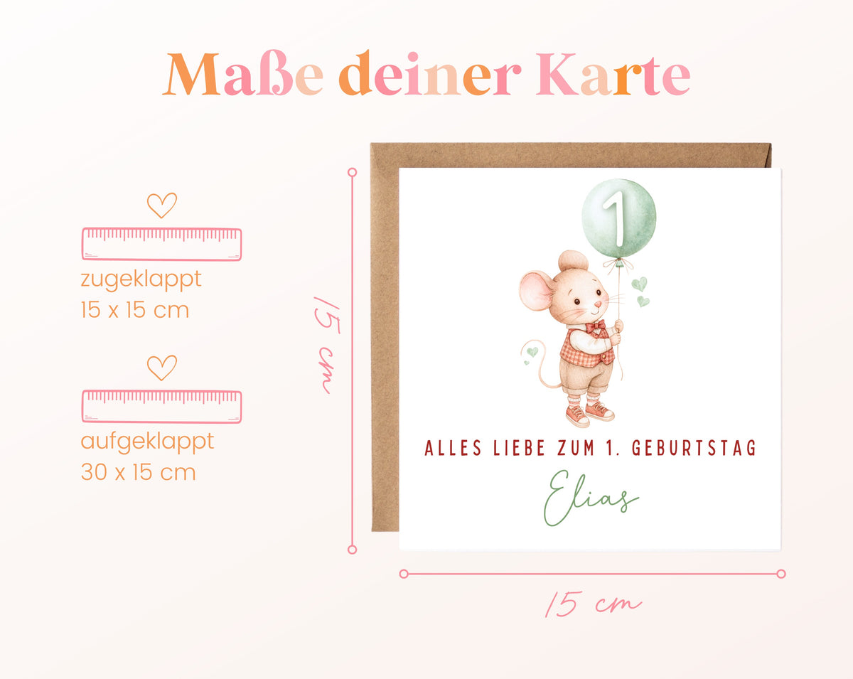 Pastellmaus mit grünem Ballon – Kartenformat 15 × 15 cm