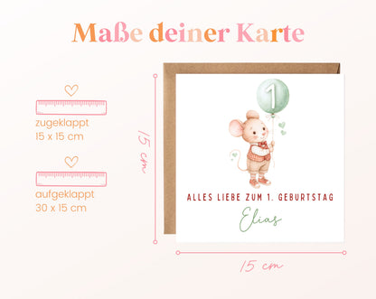 Pastellmaus mit grünem Ballon – Kartenformat 15 × 15 cm