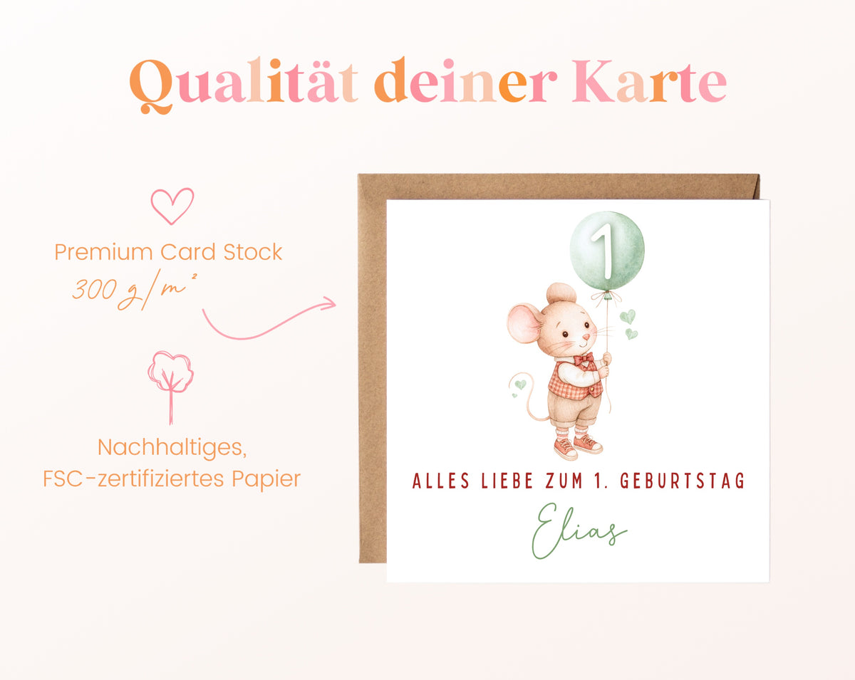 Pastellmaus mit grünem Ballon – Kartenpapier 300 g/m²