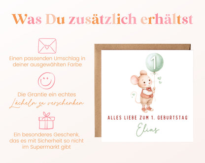 Pastellmaus mit grünem Ballon – Details zur Klappkarte
