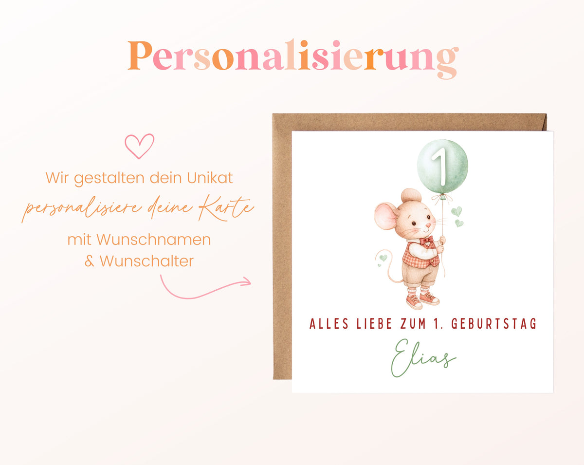 Pastellmaus mit grünem Ballon – Personalisierung mit Namen und Alter