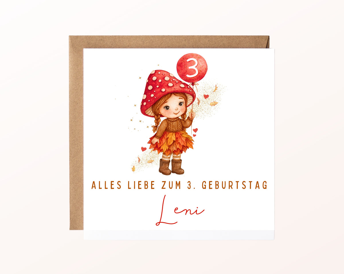 Herbstmädchen mit Pilzhut – Karte mit Umschlag