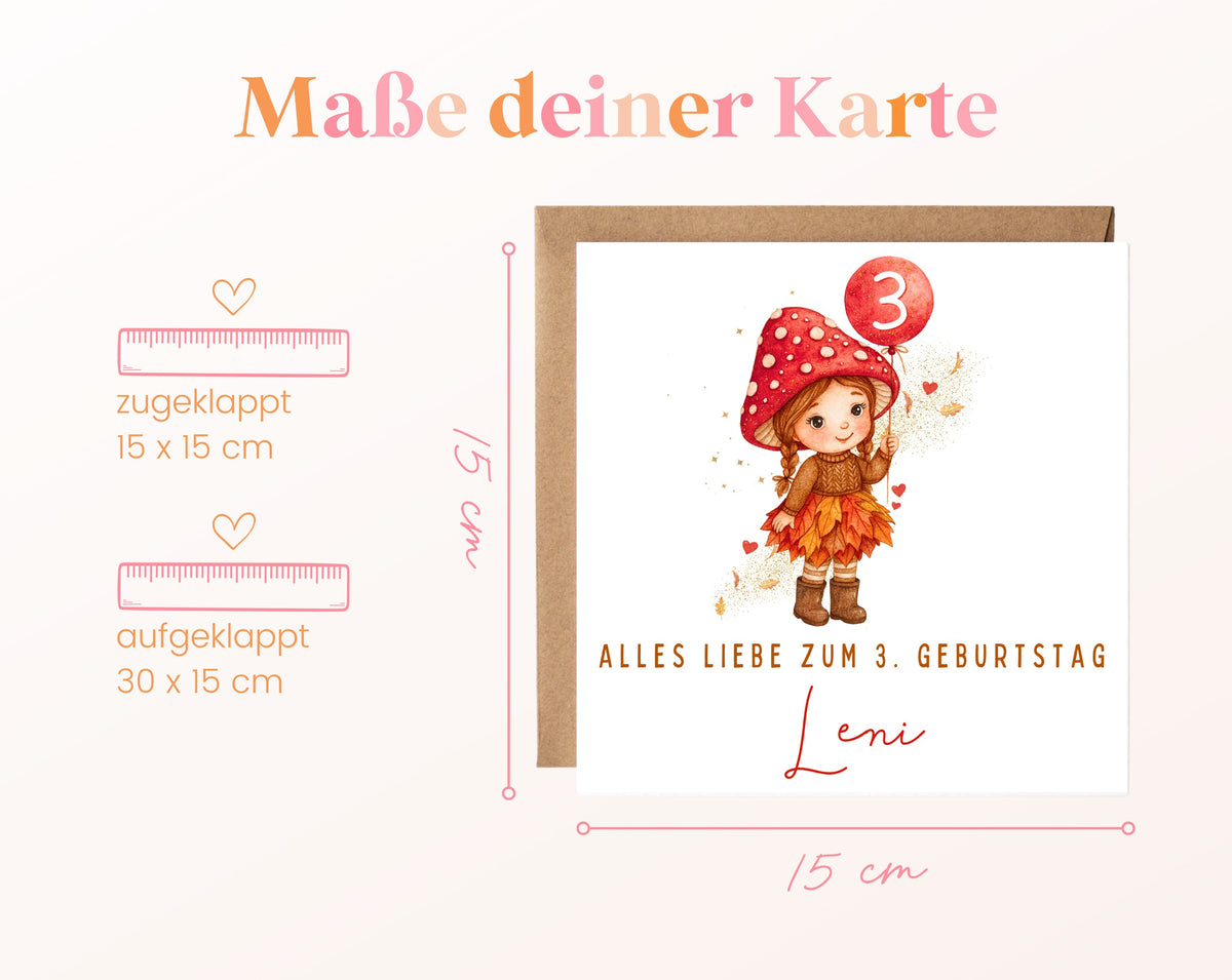 Herbstmädchen mit Pilzhut – Kartenformat 15 × 15 cm