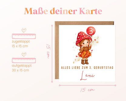Herbstmädchen mit Pilzhut – Kartenformat 15 × 15 cm