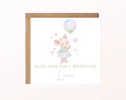 Pastellmaus mit Regenbogenballon – Karte mit Umschlag
