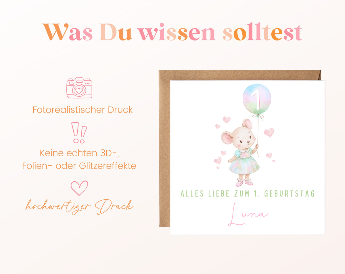 Pastellmaus mit Regenbogenballon – Hinweise zur Karte