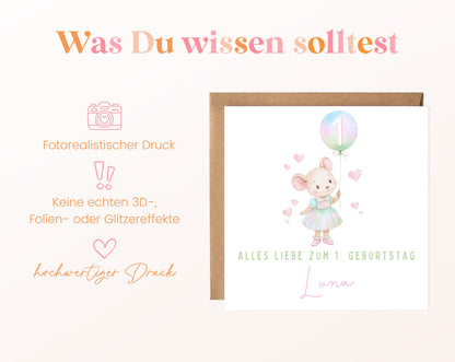 Pastellmaus mit Regenbogenballon – Hinweise zur Karte