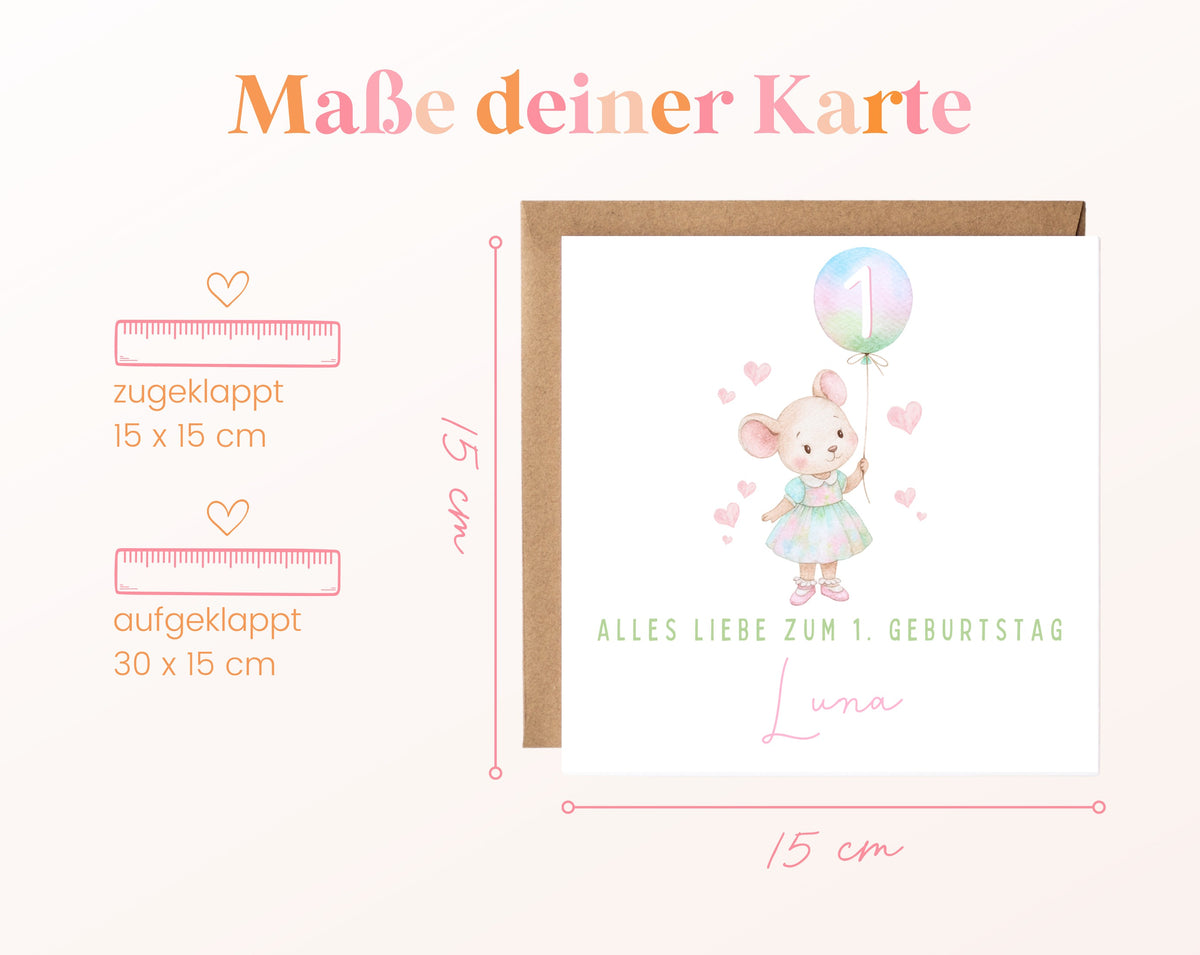 Pastellmaus mit Regenbogenballon – Kartenformat 15 × 15 cm
