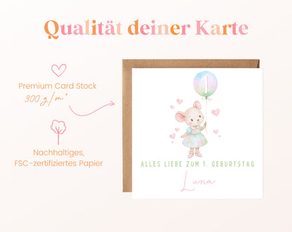 Pastellmaus mit Regenbogenballon – Kartenpapier 300 g/m²