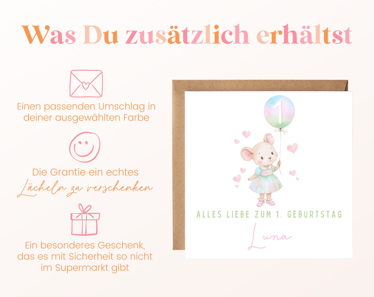 Pastellmaus mit Regenbogenballon – Details zur Klappkarte