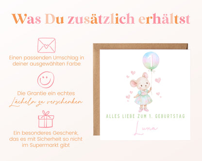 Pastellmaus mit Regenbogenballon – Details zur Klappkarte