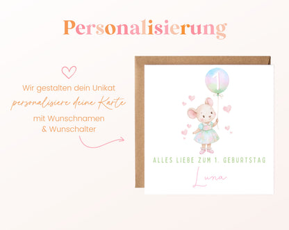Pastellmaus mit Regenbogenballon – Personalisierung mit Namen und Alter
