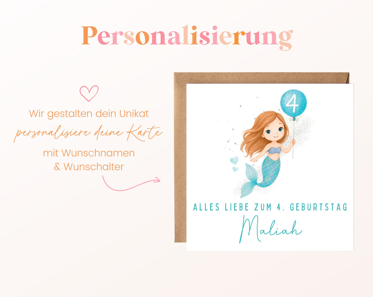 Meerjungfrau mit blauem Ballon – Personalisierung mit Namen und Alter