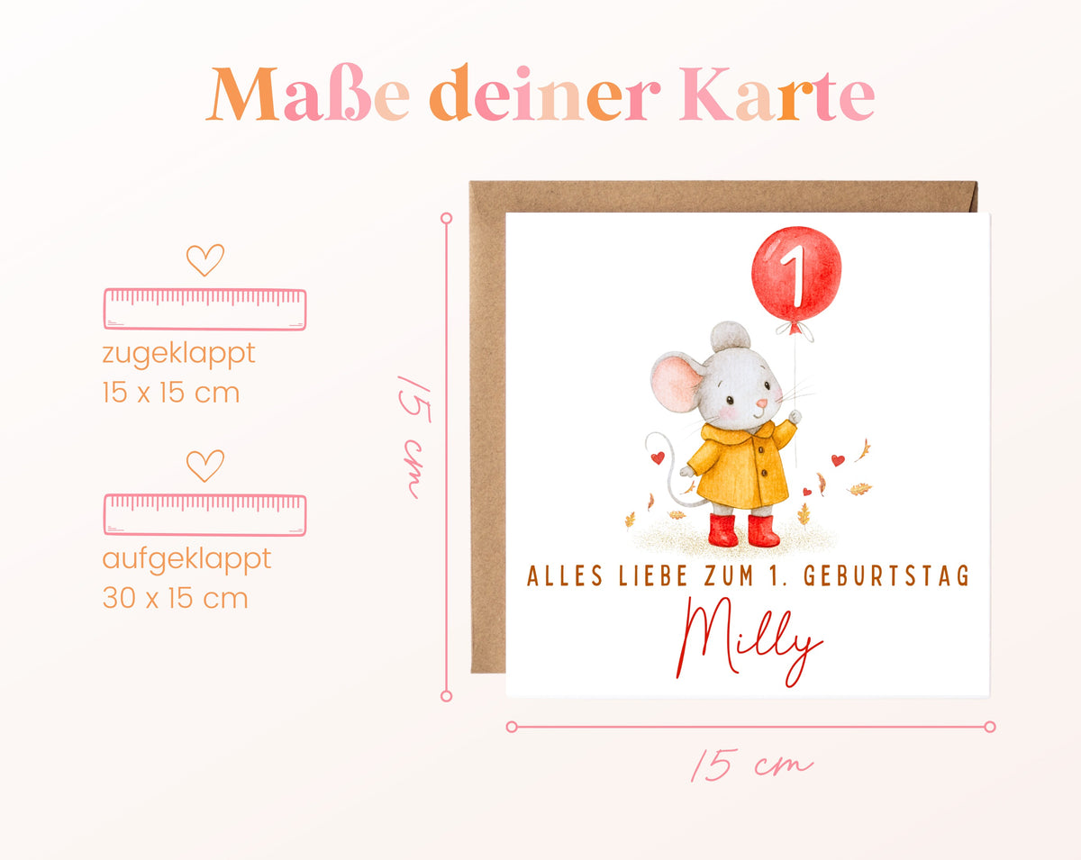 Maus mit gelbem Regenmantel – Kartenformat 15 × 15 cm