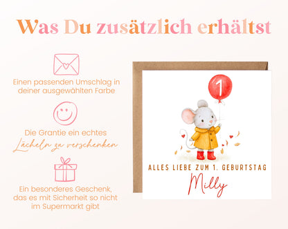 Maus mit gelbem Regenmantel – Details zur Klappkarte