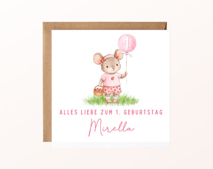 Mädchenmaus mit rosa Ballon – Karte mit Umschlag