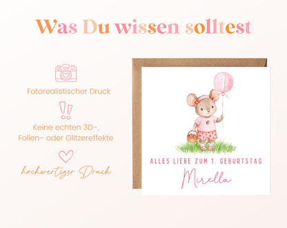 Mädchenmaus mit rosa Ballon – Hinweise zur Karte