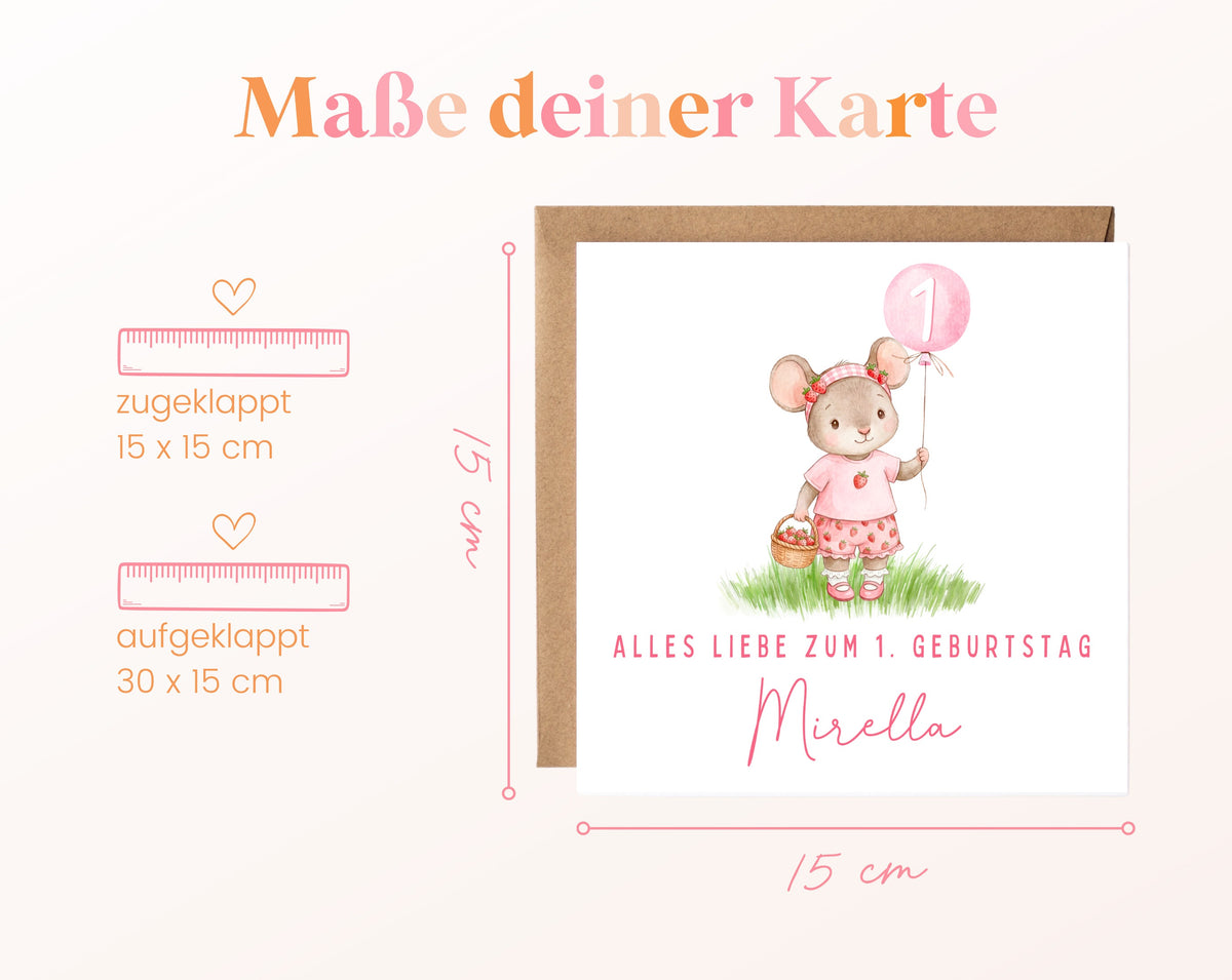 Mädchenmaus mit rosa Ballon – Kartenformat 15 × 15 cm