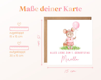 Mädchenmaus mit rosa Ballon – Kartenformat 15 × 15 cm