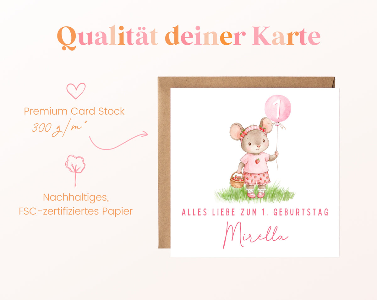 Mädchenmaus mit rosa Ballon – Kartenpapier 300 g/m²