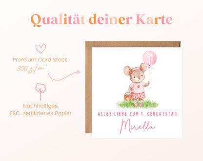 Mädchenmaus mit rosa Ballon – Kartenpapier 300 g/m²