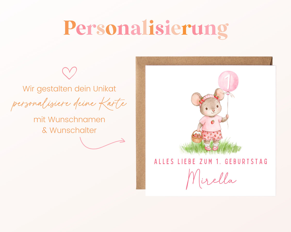 Mädchenmaus mit rosa Ballon – Personalisierung mit Namen und Alter