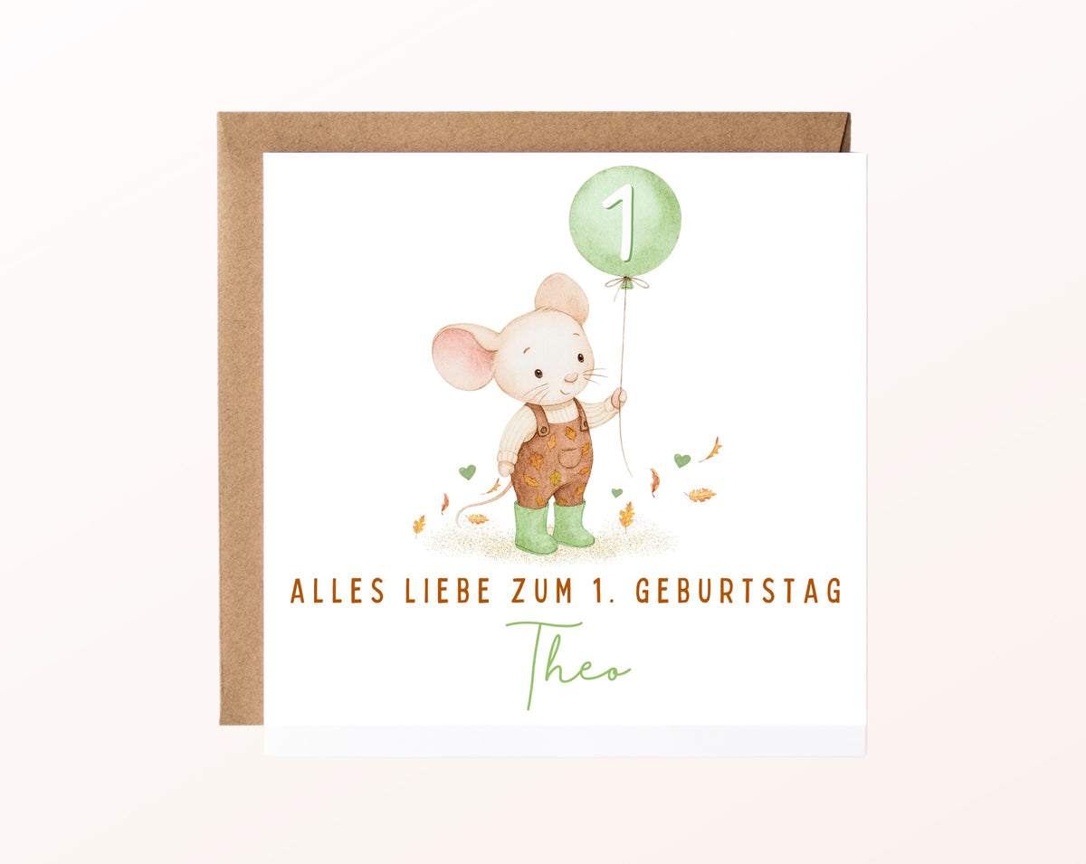 Maus mit grünen Gummistiefeln – Karte mit Umschlag