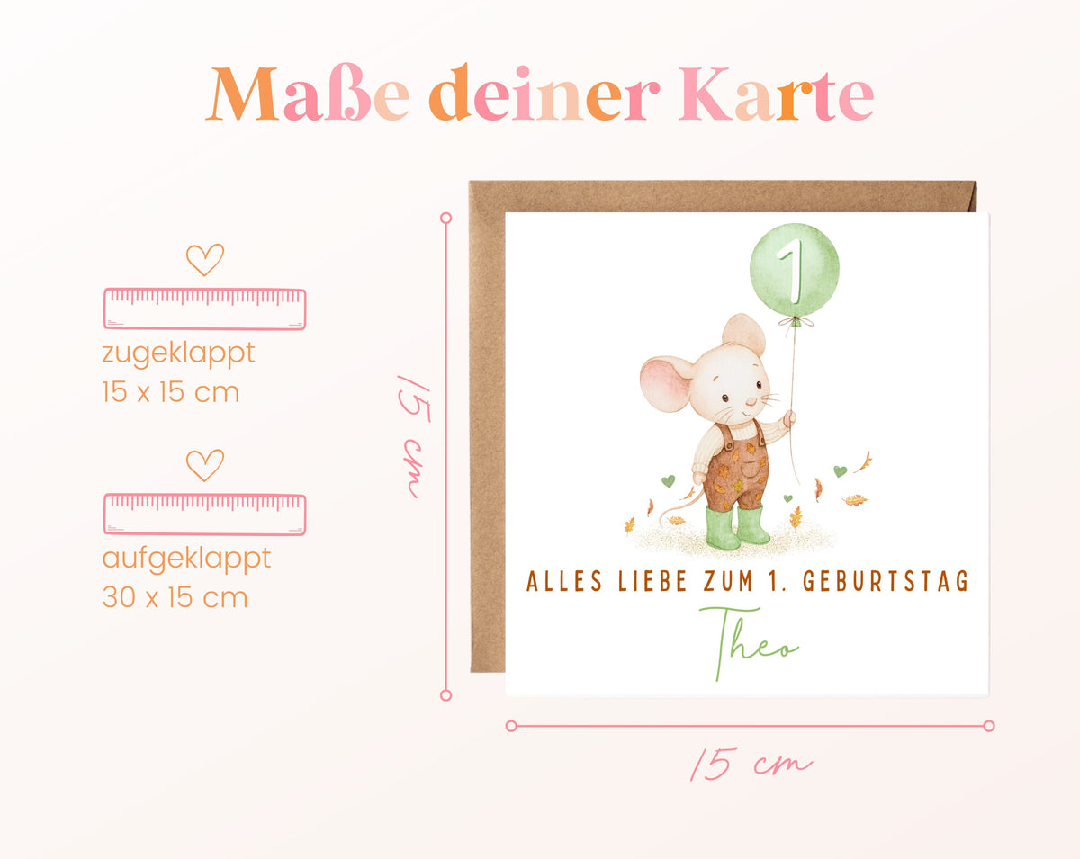 Maus mit grünen Gummistiefeln – Kartenformat 15 × 15 cm