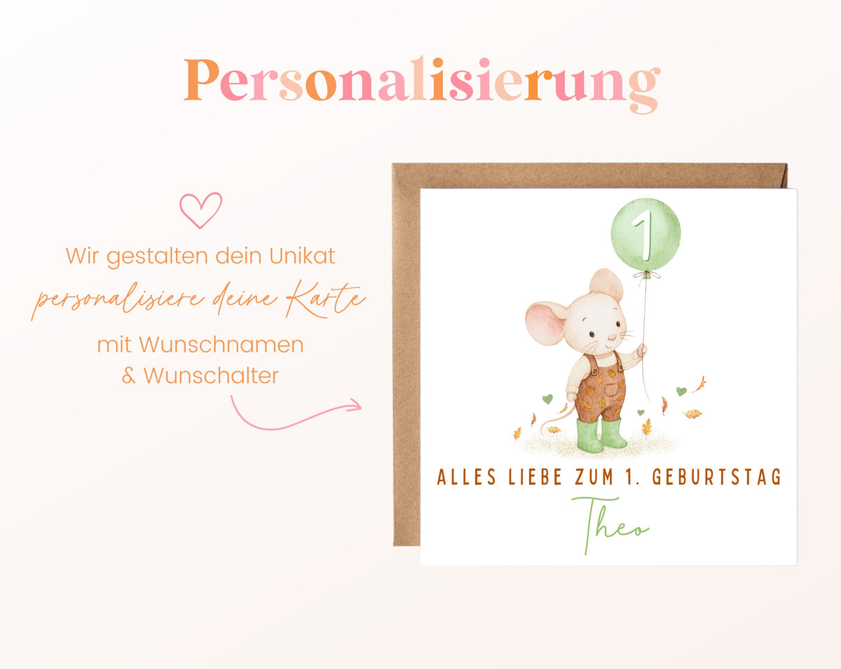 Maus mit grünen Gummistiefeln – Personalisierung mit Namen und Alter