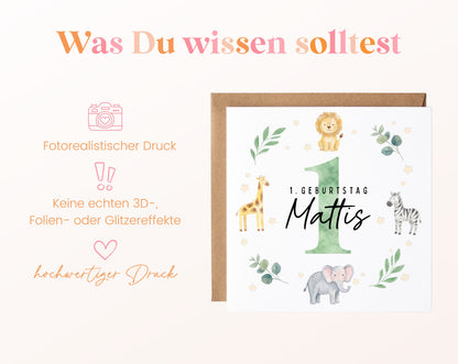 Personalisierte Kindergeburtstagskarte Safari-Tiere – Produktinformationen