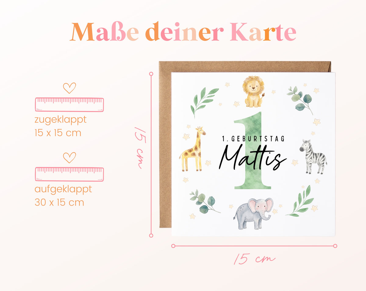Personalisierte Kindergeburtstagskarte Safari-Tiere – Format und Maße