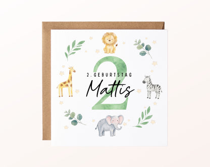 Personalisierte Kindergeburtstagskarte Safari-Tiere – Karte mit Umschlag